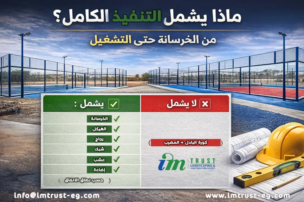 ما يشمله تنفيذ ملعب بادل تسليم كامل من الخرسانة حتى التشغيل